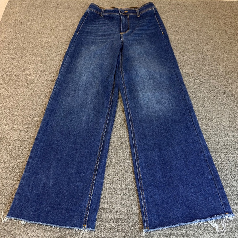 OAT New York Wide Leg Jeans Dark Wash Raw Hem High Rise Denim Sz 2/26 Minimalist